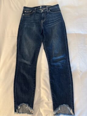 7 For All Mankind Women’s Dark Blue Slim Straight Jeans with Raw Hem